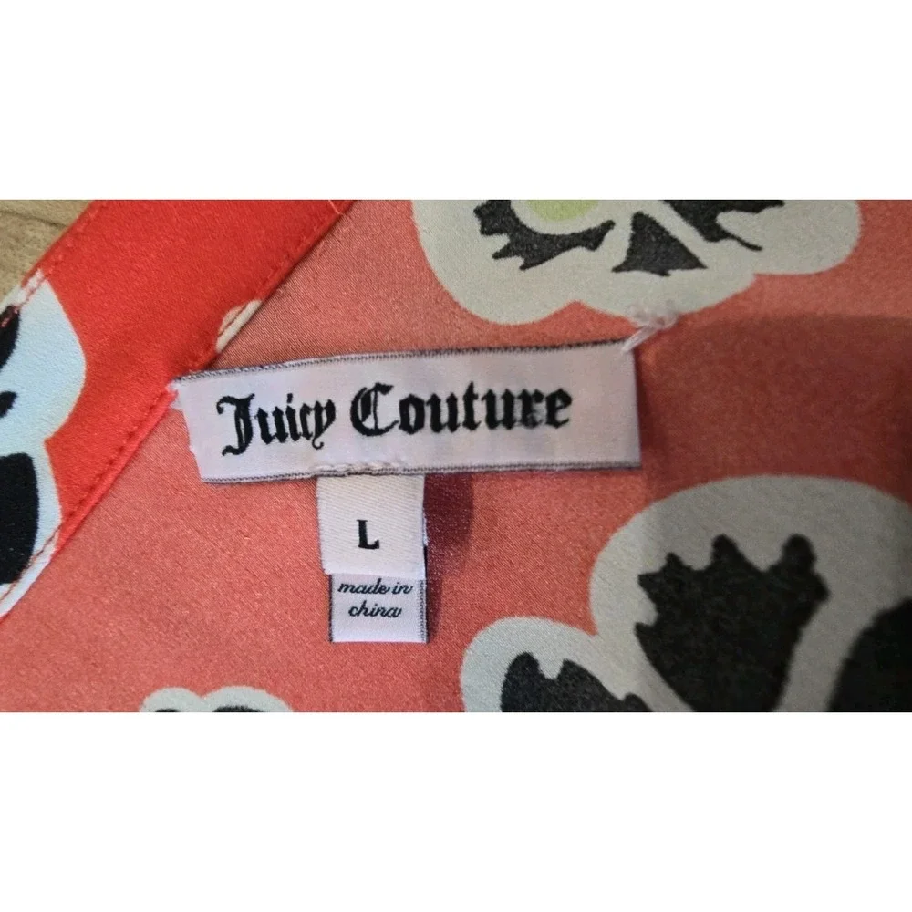 Juicy Couture Reddish Orange Black Floral Top 1/2 Button Pullover Women's SZ‎ L
